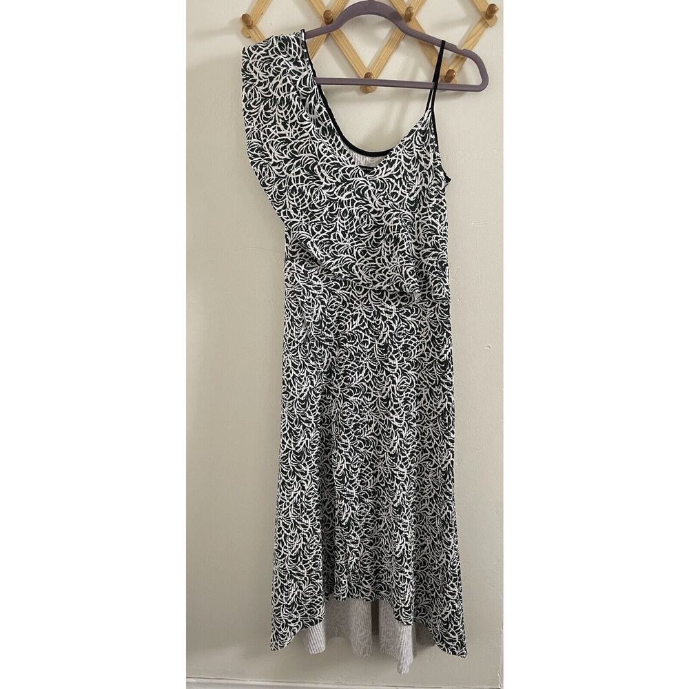 Club Monaco Women's Maxi Dress 6 One Shoulder Flutter Sleeve Hi Low Ribbed